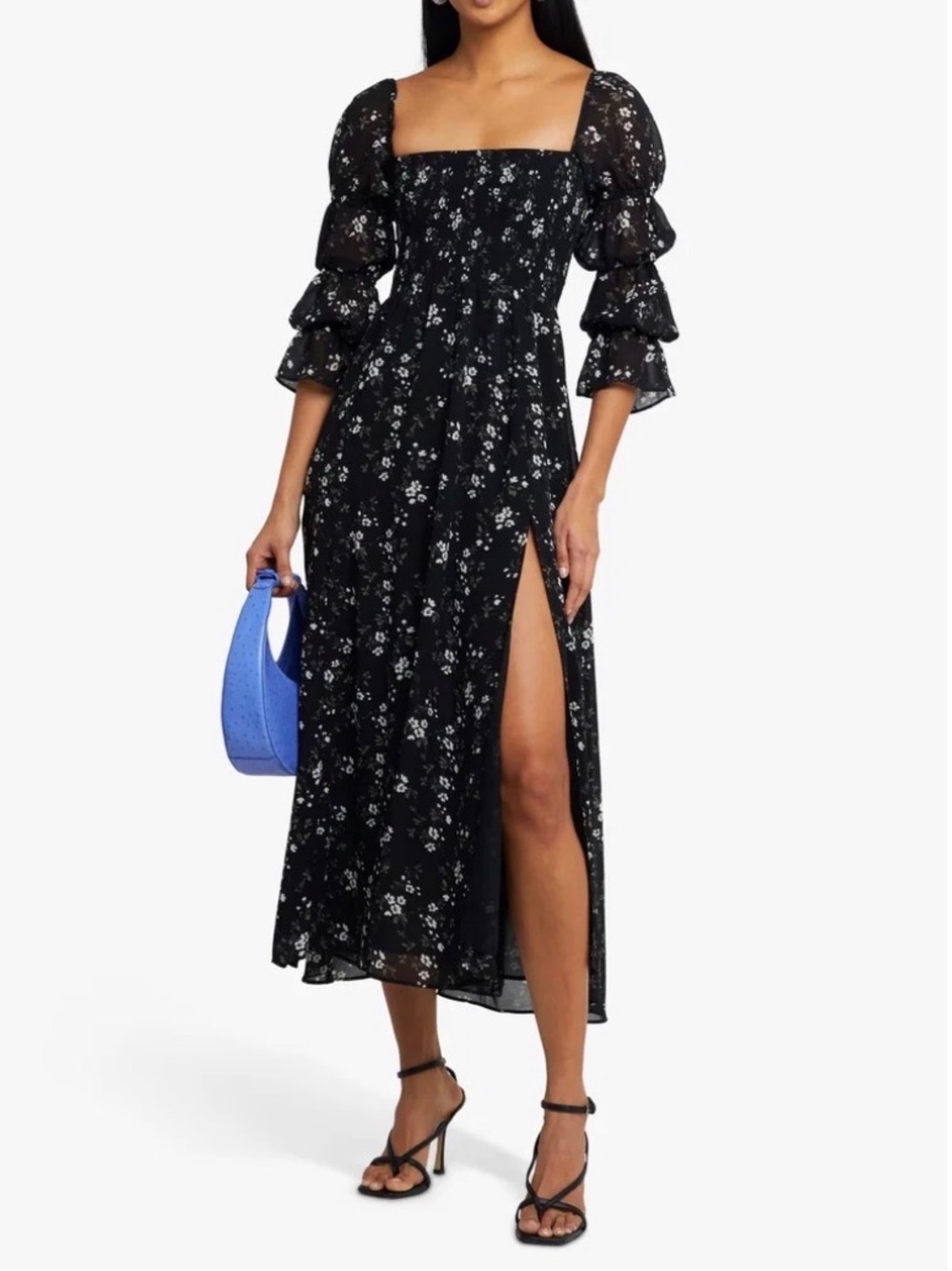 OPT Doris Floral Print Smocked Midi Dress Black Romantic Cottagecore XS